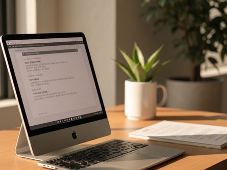 나무 책상 위에 펼쳐진 가족사진, 서류 폴더, 계산기, 볼펜이 함께 놓여 있는 모습