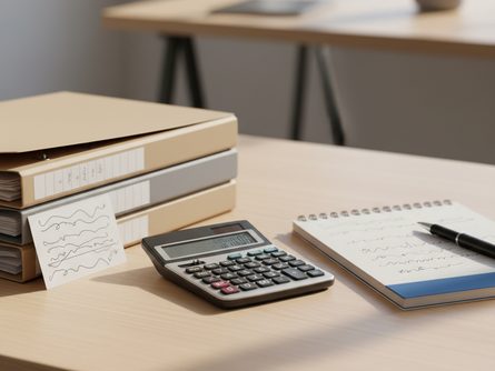 깔끔한 사무실 책상 위에 금융 계산기, 서류 파일, 메모지와 펜이 정돈되어 놓여 있는 모습