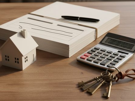 나무 책상 위에 놓인 대출 서류 파일, 계산기, 열쇠 다발, 주택 모형, 볼펜