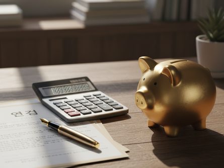 나무 책상 위에 놓인 전자 계산기, 연금 서류, 만년필, 황금색 저금통