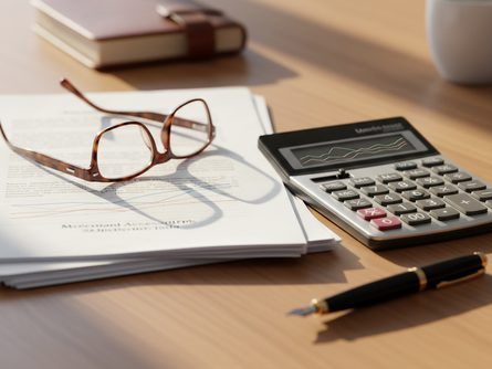 나무 책상 위에 놓인 펀드 평가서, 계산기, 만년필, 안경