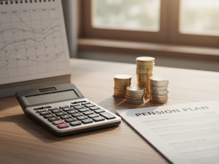 나무 책상 위에 놓인 달력, 계산기, 동전 더미, 연금 계획서가 펼쳐진 모습