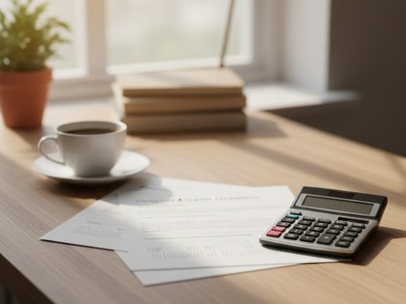 나무 책상 위에 놓인 연금 계좌 서류와 계산기, 커피 잔