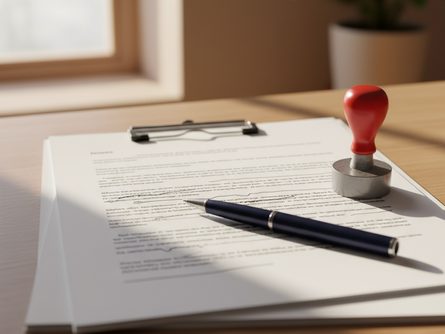 책상 위에 놓인 가족관계증명서와 주민등록등본 서류 묶음, 볼펜과 도장