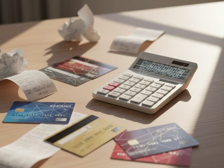 책상 위에 놓인 여러 종류의 신용카드와 체크카드, 영수증, 계산기