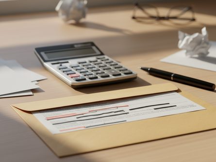 책상 위에 놓인 계산기, 볼펜, 세금 신고 서류 봉투