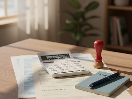 책상 위에 놓인 계산기, 세금 서류, 도장, 볼펜과 통장
