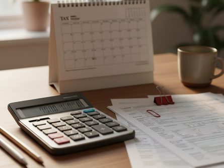 계산기와 세금 신고서, 달력이 놓인 책상 위 사무용품