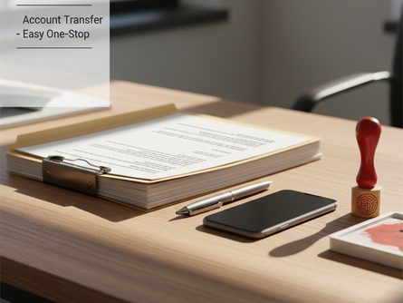 나무 책상 위에 놓인 은행 서류 파일, 스마트폰, 볼펜, 도장