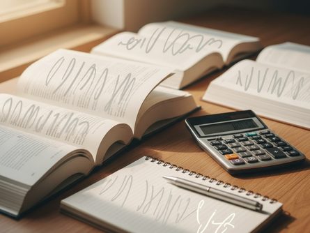 나무 책상 위에 펼쳐진 부동산 투자 서적들과 노트, 펜, 계산기가 함께 놓여 있는 모습