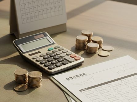 계산기와 달력, 동전 더미, 대출 서류가 놓인 책상 위 풍경