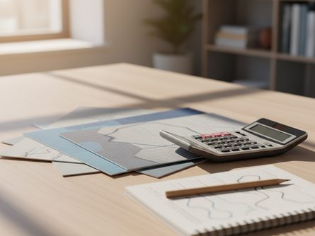 여러 개의 금융 상품 안내 책자와 계산기, 연필이 놓인 사무 책상