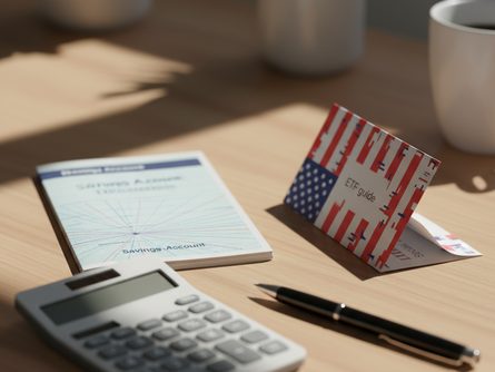 나무 책상 위에 놓인 연금 저축 통장, 미국 국기가 그려진 ETF 안내 팜플렛, 계산기와 볼펜