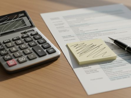 나무 책상 위에 놓인 계산기와 세금 서류, 붙임 메모지와 펜