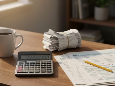 나무 책상 위에 계산기, 영수증 뭉치, 세금 서류, 연필, 커피잔이 놓여있는 모습