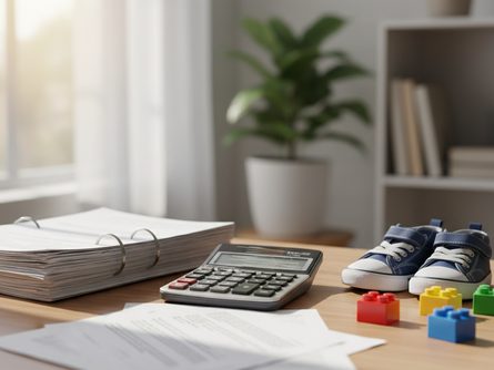 책상 위에 놓인 계산기와 서류 묶음, 어린이 신발과 장난감 블록