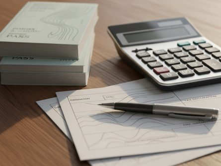 나무 책상 위에 놓인 여러 개의 통장과 계산기, 펜, 세금 신고 서류