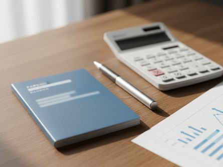 나무 책상 위에 놓인 파란색 통장, 펜, 계산기, 그리고 포트폴리오 차트가 인쇄된 문서