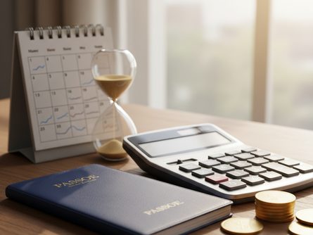 나무 책상 위에 놓인 모래시계와 달력, 계산기, 그 옆에 놓인 파란색 통장과 금화들