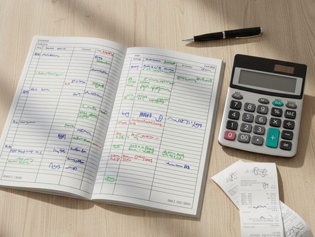 나무 책상 위에 펼쳐진 엑셀 장부, 계산기, 영수증, 볼펜이 놓여 있는 모습