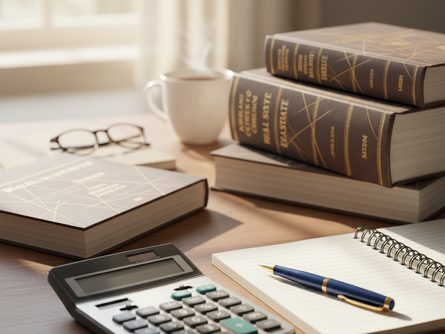 책상 위에 놓인 부동산 관련 법률 서적과 계산기, 볼펜이 있는 공부 장면