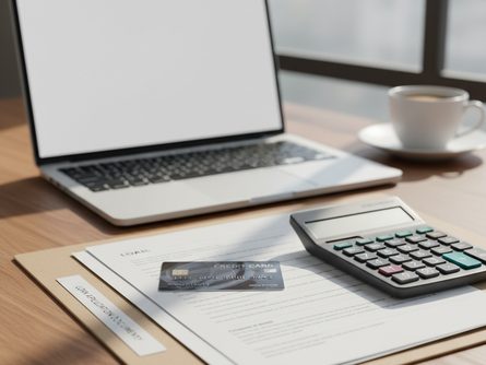 나무 책상 위에 놓인 노트북, 계산기, 신용카드, 그리고 대출 서류 파일