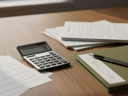 나무 책상 위에 놓인 계산기와 서류, 금융 서류 폴더와 펜