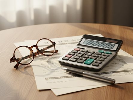 책상 위에 놓인 계산기와 연금 관련 서류, 펜과 안경