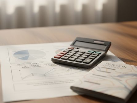 나무 책상 위에 펼쳐진 재무설계 차트와 계산기, 연금 통장