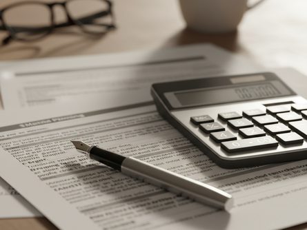 연금 관련 서류와 계산기, 펜이 놓인 책상 위 풍경