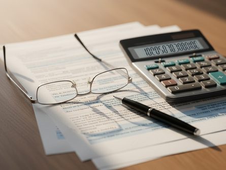 나무 책상 위에 계산기, 세금 서류, 펜, 안경이 놓여 있는 모습