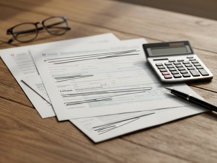 나무 책상 위에 펼쳐진 세금 신고 서류와 계산기, 볼펜이 놓여 있는 모습