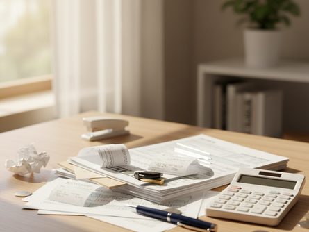 책상 위에 놓인 세금 관련 서류, 영수증, 계산기와 볼펜