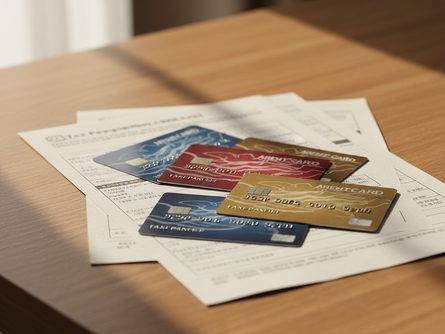 신용카드 여러 장과 세금 납부 고지서가 함께 놓인 나무 책상 위 모습