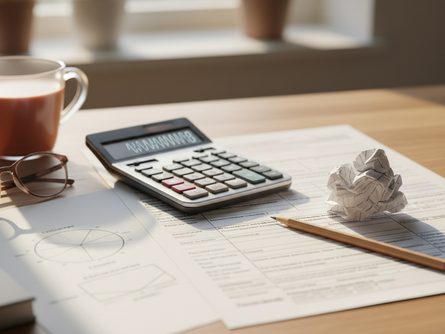 계산기와 세금 신고서, 연필이 놓인 책상