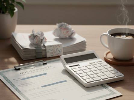 책상 위에 놓인 사업자등록증, 계산기, 세금 서류와 커피 한 잔