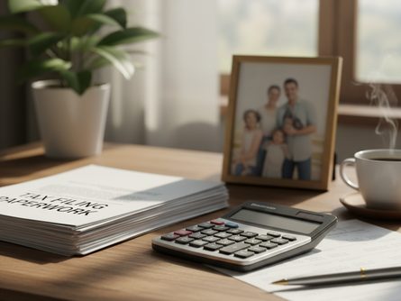 나무 책상 위에 놓인 세금 신고 서류, 계산기, 가족 사진