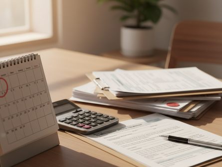 달력과 계산기, 세금 신고서류가 놓인 책상