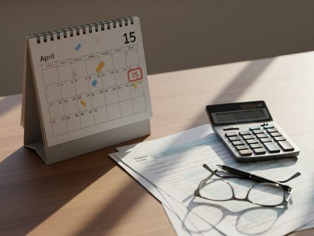 나무 책상 위에 놓인 탁상 달력과 세금 관련 서류, 계산기