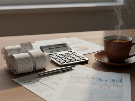 나무 책상 위에 놓인 계산기, 영수증 뭉치, 펜, 커피 잔