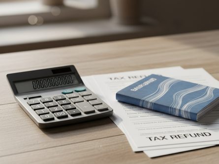 나무 책상 위에 놓인 계산기, 세금 환급 서류, 은행 통장