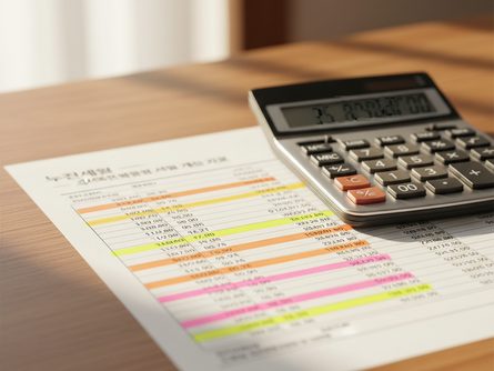 나무 책상 위에 놓인 계산기와 세금 서류, 형광펜으로 강조된 숫자들