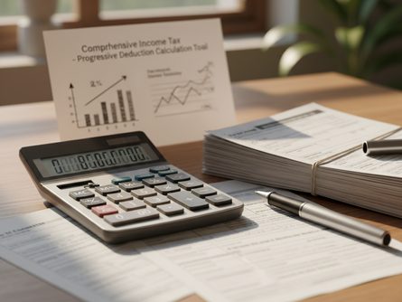 계산기와 세금 신고서류, 볼펜이 놓인 책상 위 풍경