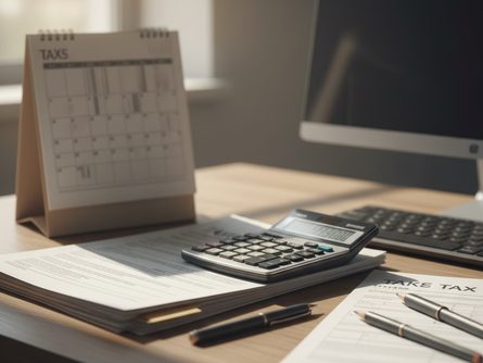 나무 책상 위에 놓인 계산기와 세금 관련 서류, 달력, 펜