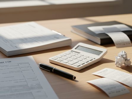 계산기와 펜, 종이 서류, 영수증이 가지런히 놓인 책상