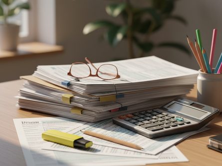 서류와 계산기, 세금 관련 문서가 놓인 책상, 연필과 형광펜이 함께 배치된 모습