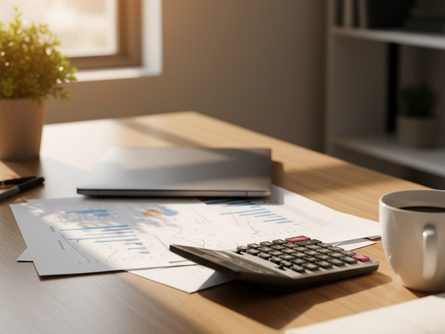 노트북 위에 펼쳐진 주식 차트 서류와 계산기, 커피 잔이 놓인 책상