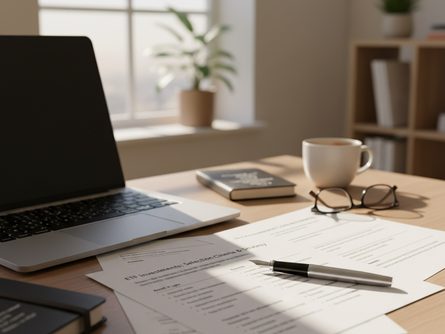 노트북과 재무제표, 펜이 놓인 사무실 책상 위의 투자 분석 자료