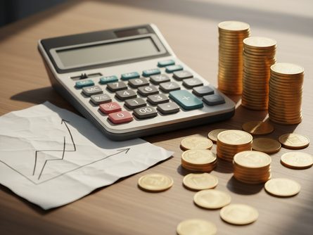 나무 책상 위에 놓인 계산기, 금화 스택, 분산된 동전 더미, 성장 그래프가 그려진 종이
