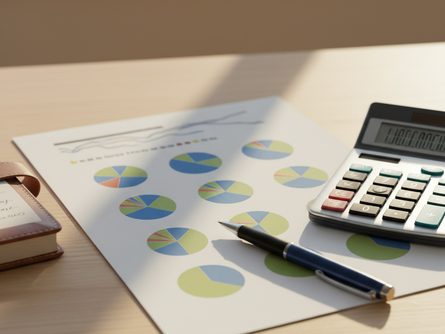 다양한 색상의 원형 파이 차트가 인쇄된 종이와 계산기, 볼펜이 놓인 책상
